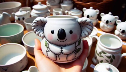 italienische T&ouml;pferware mit einem Eisb&auml;rmotiv auf einem Markt in Italien