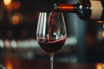 Pouring red wine from bottle into the wineglass on bar Red wine pouring from bottle to glass with generative ai