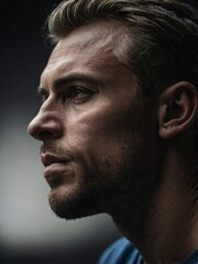 Obraz premium Athletic man in profile view focused on his training session in a softly lit gym setting during the early morning hours. Generative AI