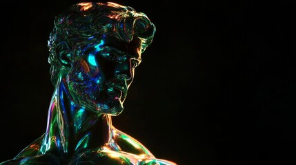 Neon metal man with muscular body on dark background