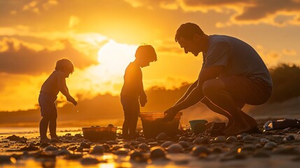 A father and his two sons gather seashells on the beach at sunset.
