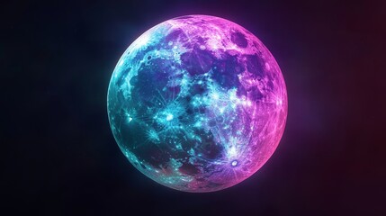 Color 3d model of the moon with bright tints on a dark background