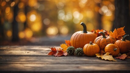 Rustic wood board table with pumpkins, leaves, and fall trees autumn background