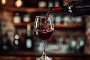 Pouring red wine from bottle into the wineglass on bar Red wine pouring from bottle to glass with generative ai