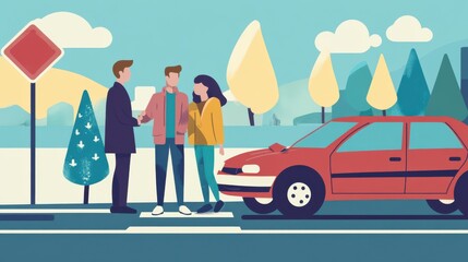 Illustration of a car accident with two vehicles involved in a collision on a scenic mountain road with bystanders observing the scene
