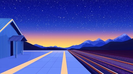 Capture the vast expanse of a deserted freight train station under a starry night sky, emphasizing the stillness and silence with a mix of cool blues and soft yellows