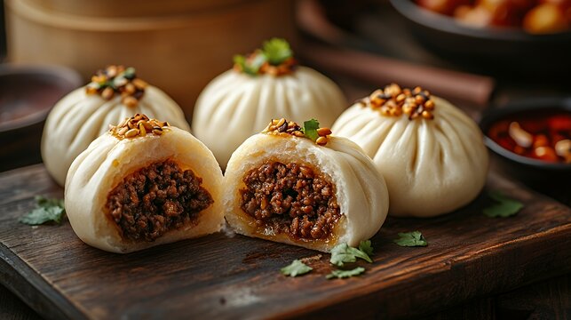 Close up of freshly made,  steamed buns filled with savory ground meat on a wooden serving board, a traditional Asian dish.