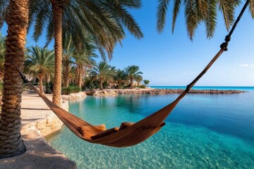 A hammock swinging gently between two palm trees, with a soft breeze blowing across the cool water of the oasis