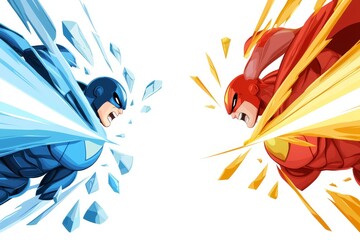 Craft a dynamic, action-packed superhero showdown scene from a worms-eye view, featuring powerful, caped characters in a midair battle.