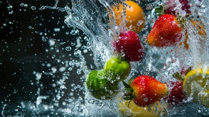 A vibrant array of colorful fruits splashing energetically in water, beautifully showcasing freshness and vitality