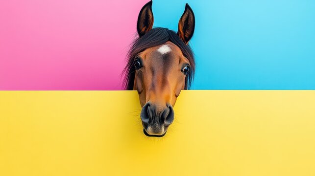 text space for advertising with funny part as portrait of a horse peeking over a colored panal