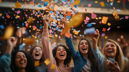 Celebrating success, diverse employees joyfully throwing confetti together