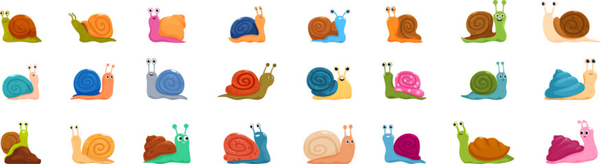 Cute snail icons set. Set of funny snails with colorful shells crawling and smiling, cute cartoon characters vector illustrations isolated on a white background © nsit0108
