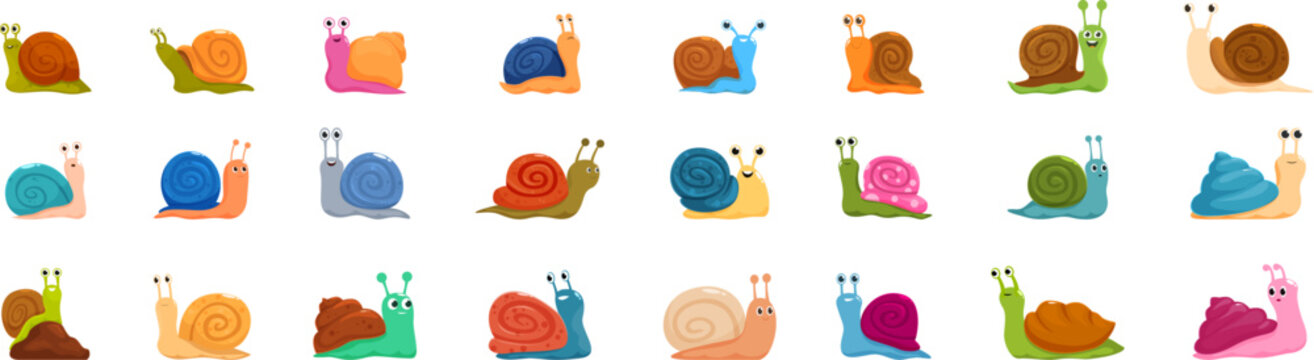 Cute snail icons set. Set of funny snails with colorful shells crawling and smiling, cute cartoon characters vector illustrations isolated on a white background