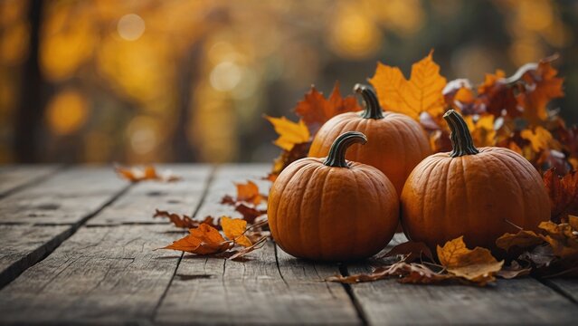Rustic wood board table with pumpkins, leaves, and fall trees autumn background