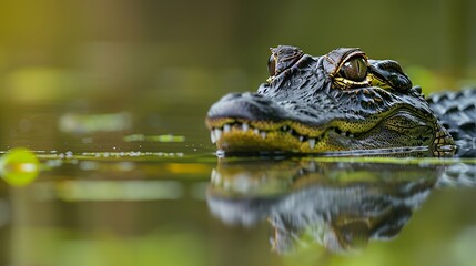 Fototapeta premium Young alligator floats quietly in calm swamp water during a bright day in a natural wetland.