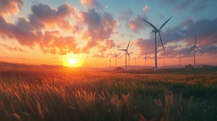 Obraz premium Windmill park, huge windmill generator turbines during sunset in the meadow, green technology landscape