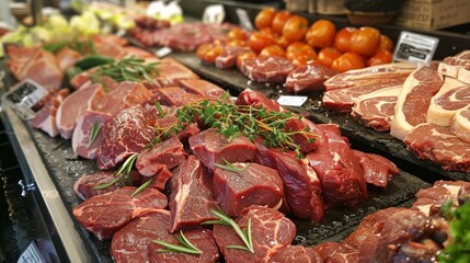 A vibrant selection of highquality fresh meat cuts garnished with herbs, perfect for any chefs culinary use