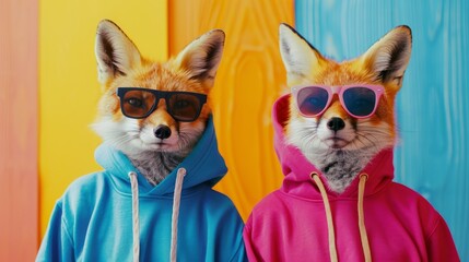 Charming foxes in eye-catching hoodies and fashionable sunglasses showcase their cool demeanor on a lively, colorful background. Close-up photo with clean background