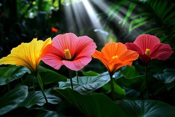 A magical hidden oasis in a dense jungle, where the sunlight filters through the leaves and illuminates the vibrant flowers