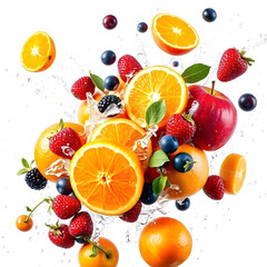 Vibrant Fresh Fruit Splash with Water Droplets on White Background