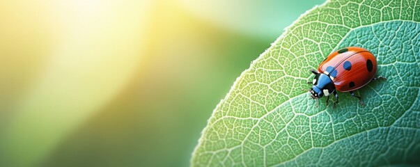 Fototapeta premium Close-up of a vibrant ladybug crawling on a fresh green leaf with delicate details and bright colors capturing the essence of nature's beauty.