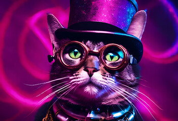 Image of steampunk cat with tuba hat, glasses and collar in universe generative ai