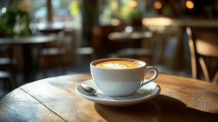 Latte Art in a White Mug on a Wooden Table