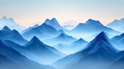 Obraz premium A minimalistic design of a mountain range at dawn, where the peaks are enveloped in a grainy gradient fog shifting from blue to white, evoking a serene atmosphere