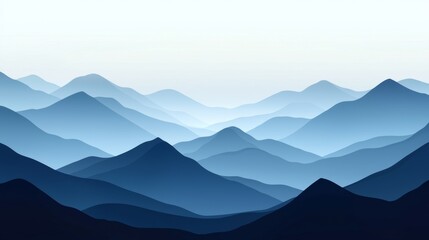 Obraz premium A minimalistic design of a mountain range at dawn, where the peaks are enveloped in a grainy gradient fog shifting from blue to white, evoking a serene atmosphere