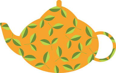 Orange teapot with tea. Tea leaves in a teapot. Vector illustration on a transparent background.