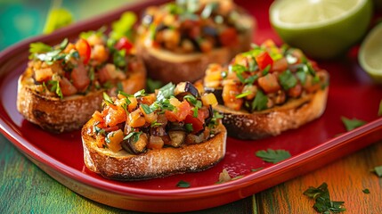 Eggplant bruschetta on a red ceramic plate, with a vibrant lime and orange ombre background