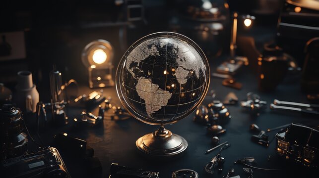 Globe on Dark Surface with Lighting. AI generated illustration