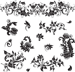 Fototapeta premium Floral vector ornaments luxury set with various types of flowers, leaves and swirls, made in traditional Japanese and Chinese styles. Exquisite wedding decoration designs, vinyl and laser ready. 