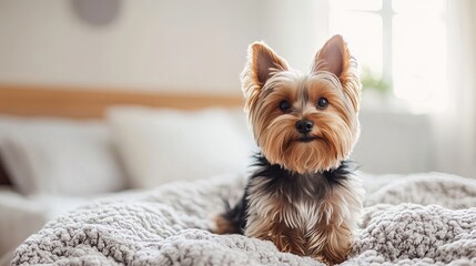 A small, alert Yorkshire Terrier sits on a cozy bedspread in a bright bedroom. Its fluffy fur and sharp eyes make it look like it's paying attention to something.
