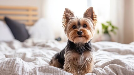 A small, alert Yorkshire Terrier sits on a cozy bedspread in a bright bedroom. Its fluffy fur and sharp eyes make it look like it's paying attention to something.