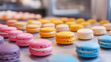 Macarons of various colors on a kitchen table, ready for further decoration at a pastry workshop