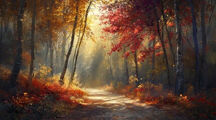 A path winds through a forest bathed in autumn's glow, where leaves dance in hues of red, orange, and gold.