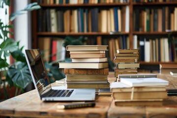 A laptop sits on a desk next to a stack of books, generative ai image