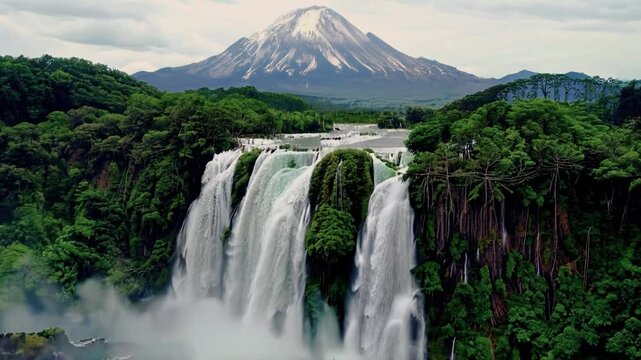 fantasy waterfall and mountain scenery. imaginary view.