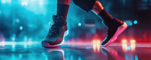 Dynamic shot of basketball player's feet in glowing sneakers on misty court with dramatic lighting and colorful atmosphere