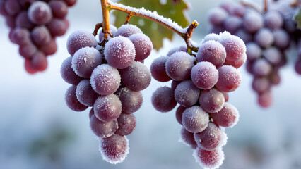 Gefrostete Trauben, deren Oberfläche von einer dünnen Reifschicht bedeckt ist