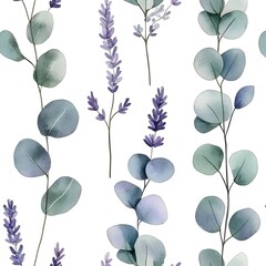 Watercolor Eucalyptus and Lavender Seamless Pattern