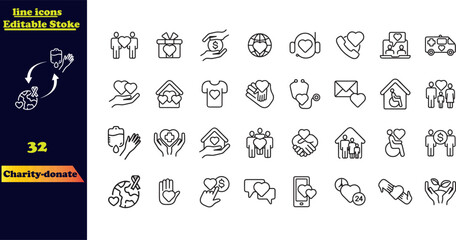 Editable stroke icons for charity and donations, including symbols for giving, charity, solidarity, trust, social care, NGO, and community support.