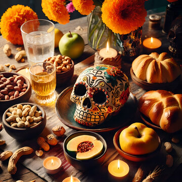 Ofrenda tradicional de d&iacute;a de santos difuntos en M&eacute;xico, con calaveras de dulce al centro, panes, velas, frutas, cacahuates, flores y bebida.