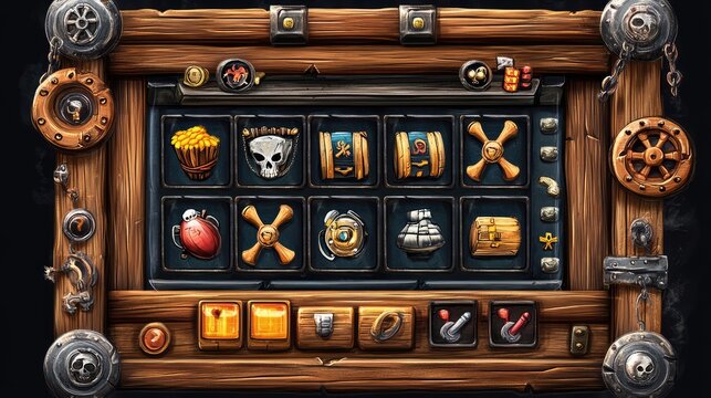 Cartoon-style pirate game interface with wooden buttons, treasure icons, nautical symbols, and adventure elements, designed for mobile or desktop gameplay environments. AI generated illustration.