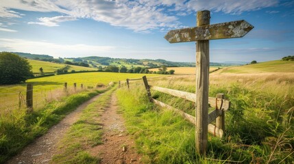Crossroads signpost in rural landscape Close-up photo with clean background