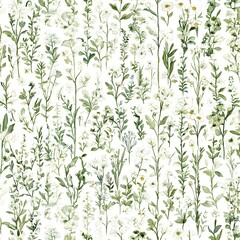 Watercolor Green and White Floral Pattern