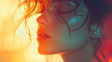 A portrait with a grainy gradient overlay, shifting from warm tones at the top to cooler tones at the bottom, creating a unique and artistic effect