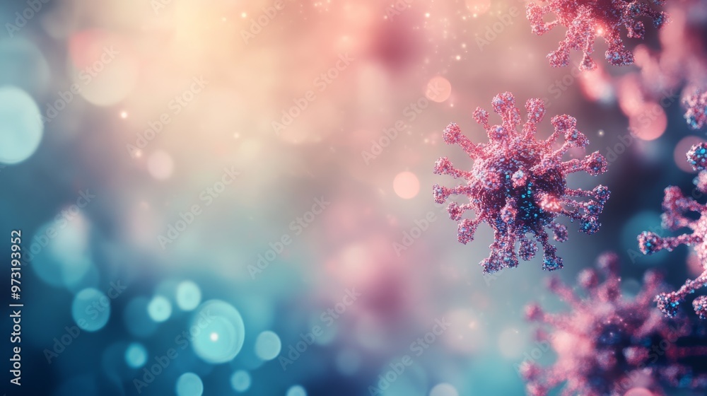 Poster 3D rendering of monkeypox virus particles floating in a colorful background showing viral mutation and spread.